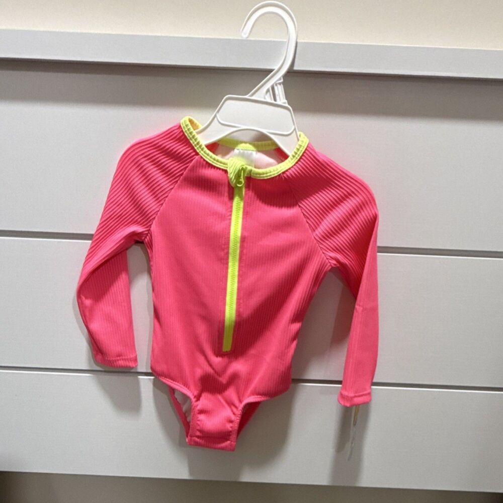 Cat & Jack Pink Yellow Rash Guard Swim Shirt 2T Long Sleeve Zipper Snaps